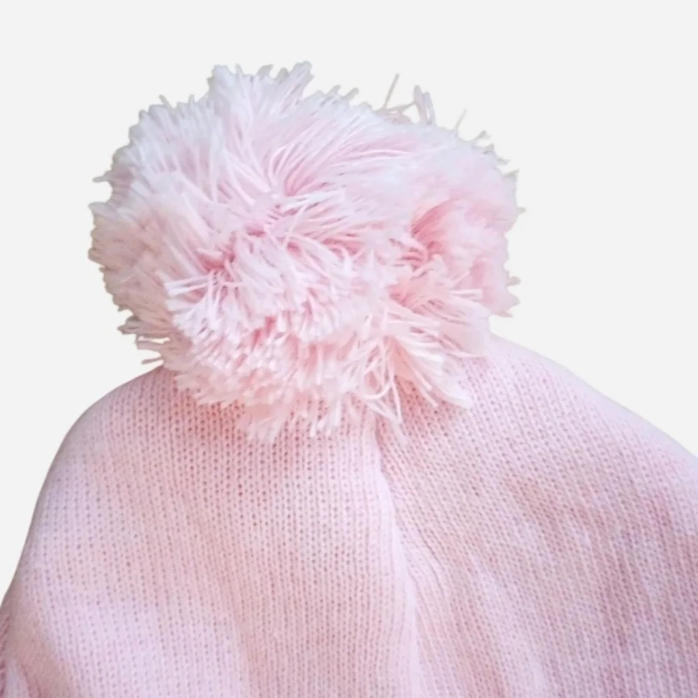 Girls Knitted Pink Pom Pom Beanie With White & Gold Letter Initial A